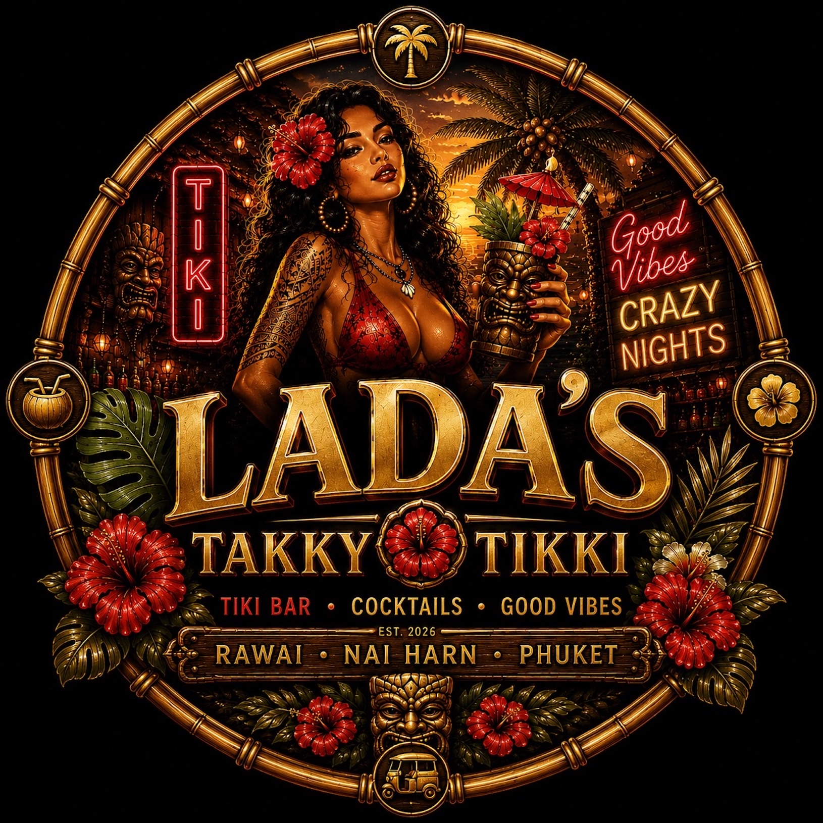 Lada&rsquo;s Takky Tikki tiki bar logo, Rawai Phuket